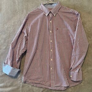 IZOD Shirt Mens Large Blue Red Check Slim Fit Flip Cuff Button Front Long Sleeve